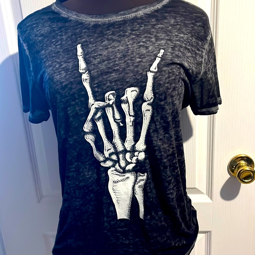 Grey Rock and Roll Skeleton Hand shirt
